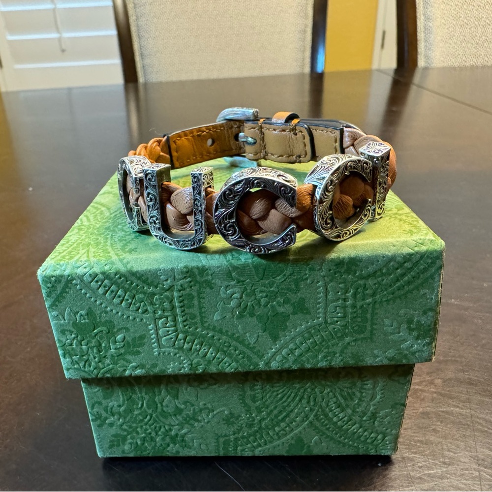 New Authentic Gucci Logo Silver Brown Leather Bracelet Size L / Wrist Up To 8” - Picture 2 of 12